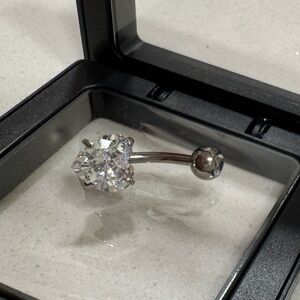 Silver Belly Button Ring with Clear Gem 8mm length